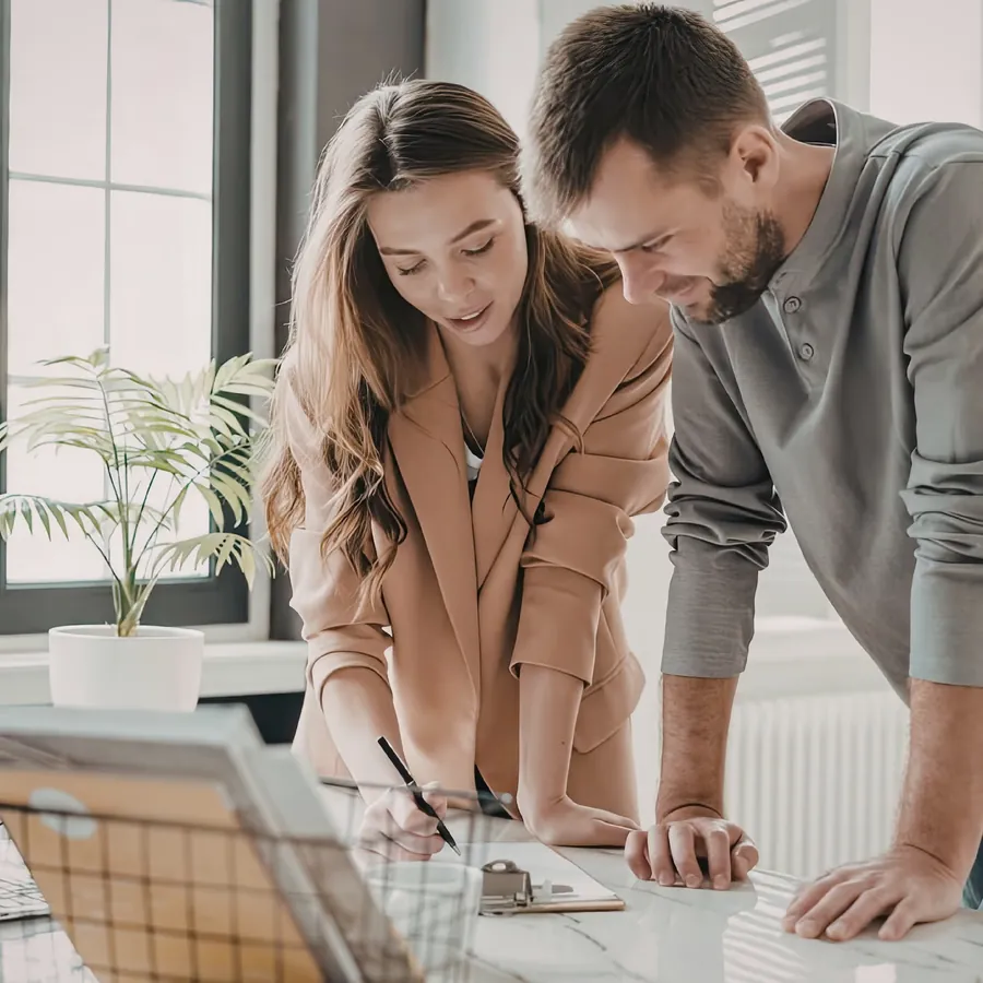 Two people discussing documents on a desk