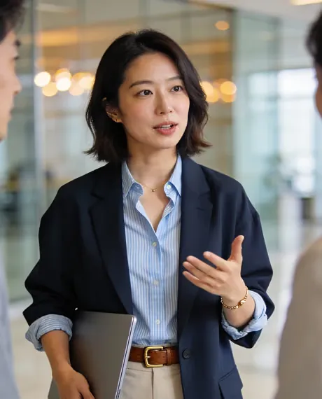 A woman in a navy blazer presenting with a laptop under her arm